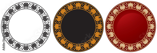 Ancient Greek circle ornament, circular vector ornament in black and white, red figure vase painting ceramic and golden metal color