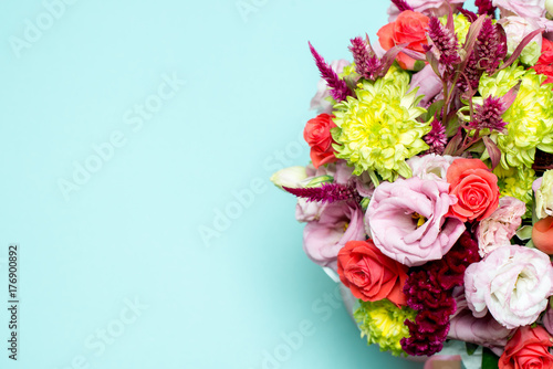 beautiful floral arrangement, pink and red rose, pink eustoma, yellow chrysanthemum