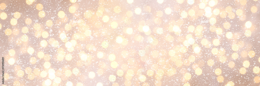 Festive glittering christmas lights. Blurred abstract background with bokeh. Copy space. Banner