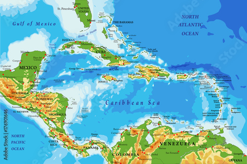 Central America and Caribbean Islands physical map
