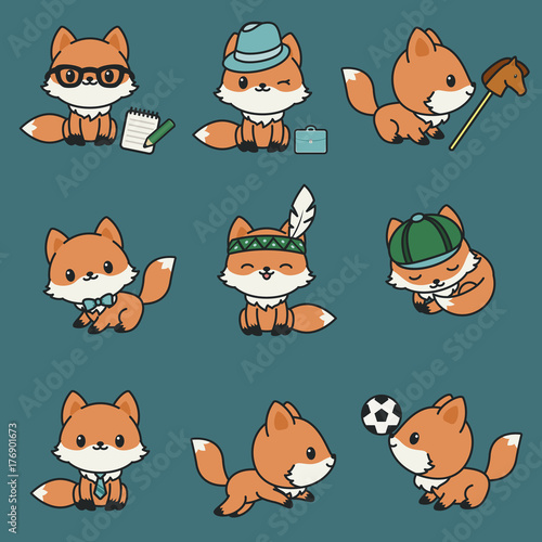 Cute kawaii foxes. Vector icons set