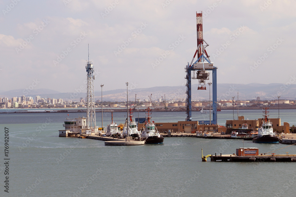 View of Haifa's Port, Cranes, Boats, Ships and equipment.