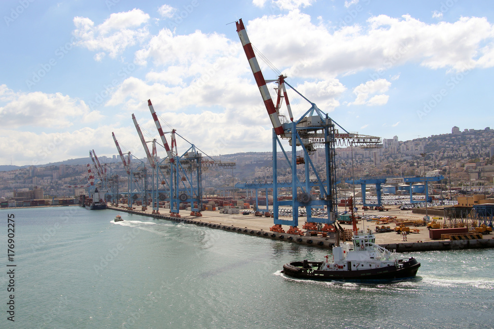 View of Haifa's Port, Cranes, Boats, Ships and equipment.