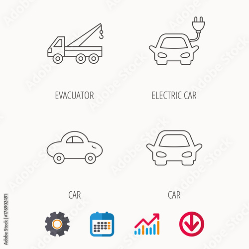 Electric car, evacuator and transport icons.