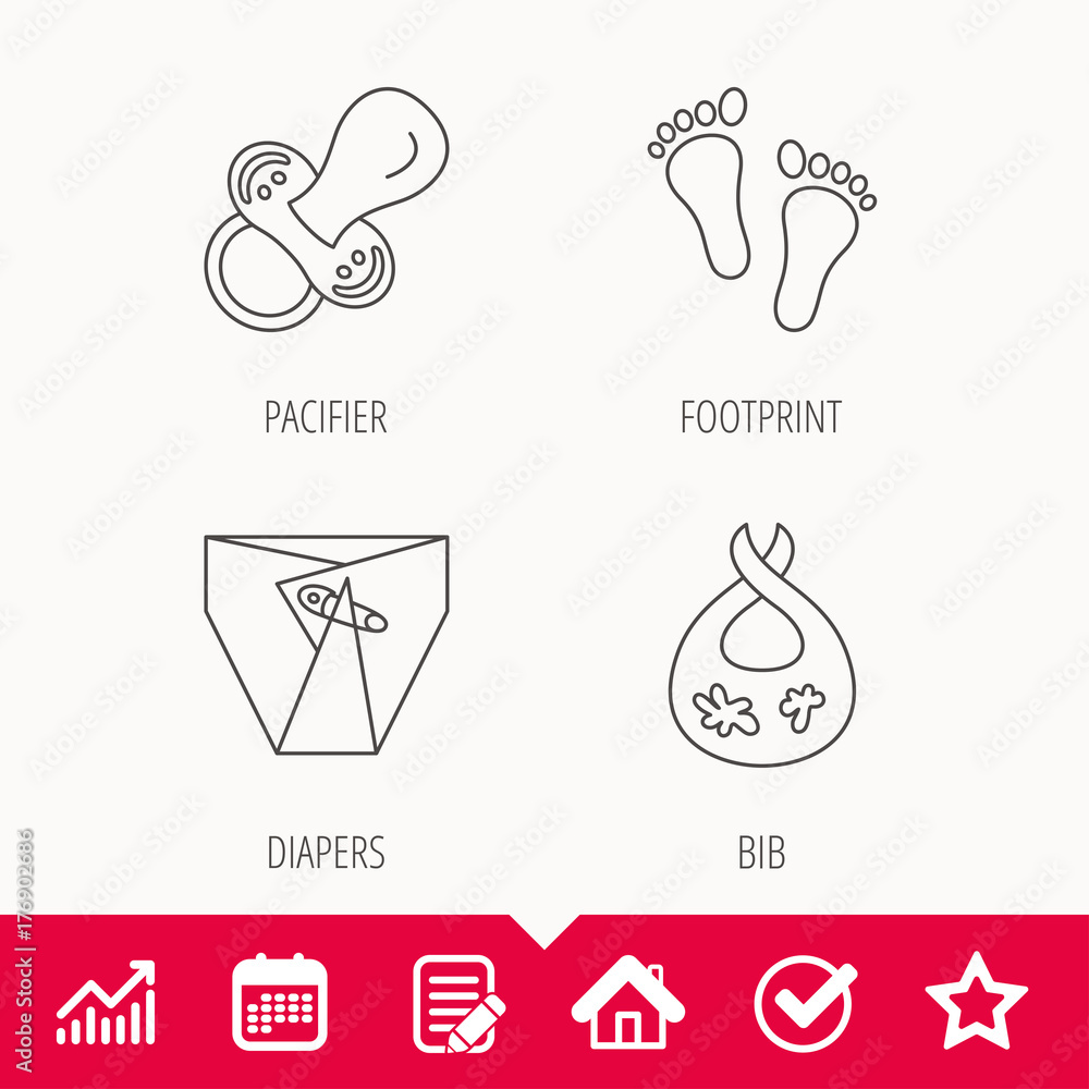 Pacifier, diapers and footprint icons.