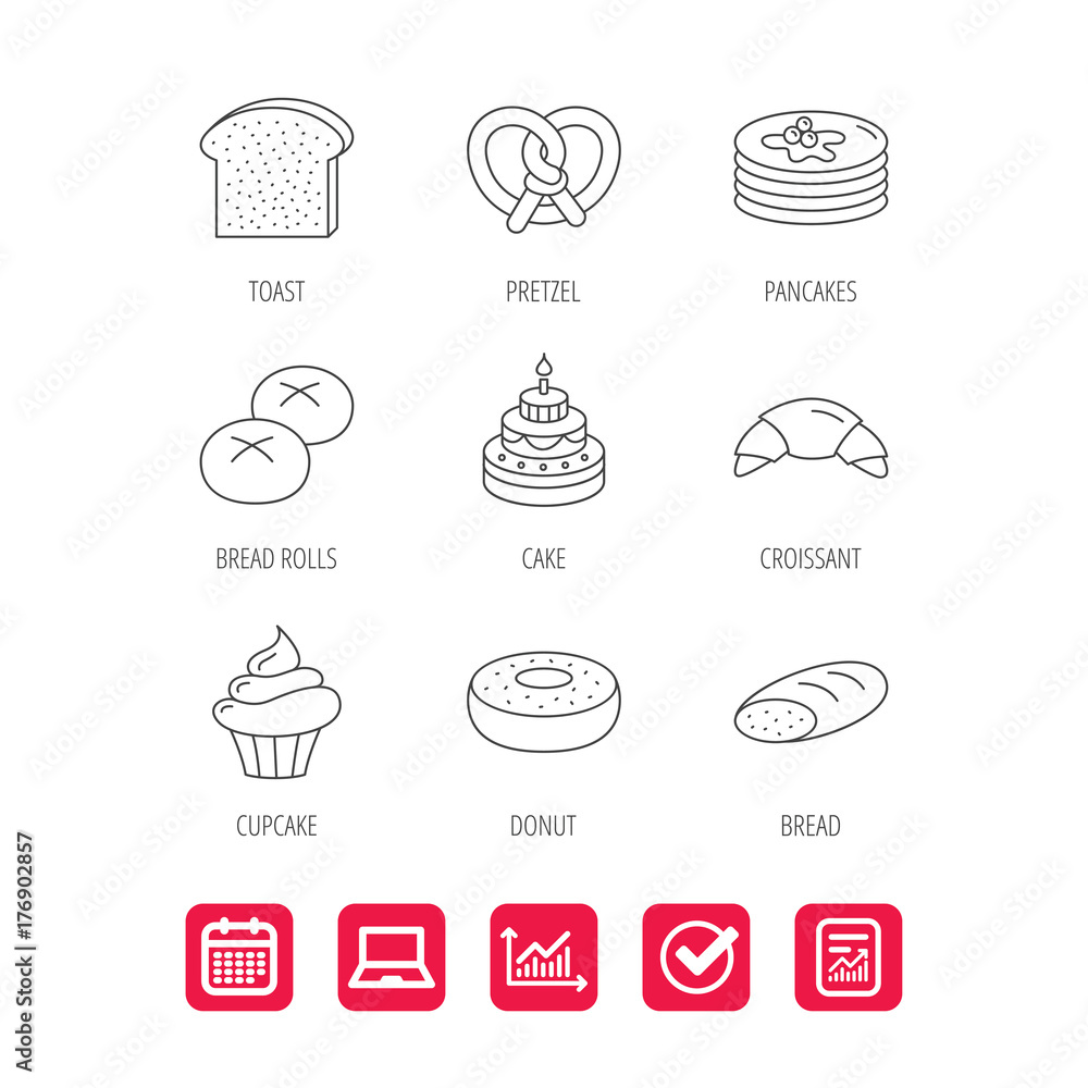 Croissant, pretzel and bread icons. Cupcake.