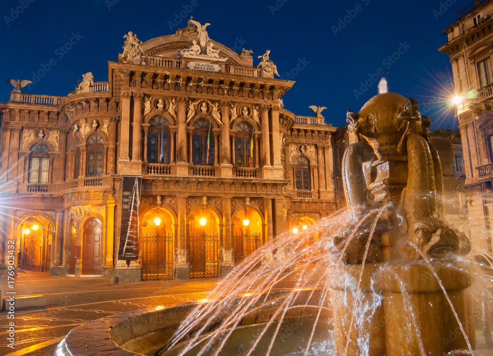 Landmarks of Catania: night view of the fountain of Dolphins in Piazza  teatro Massimo, and a view of the Bellini theater Stock Photo | Adobe Stock