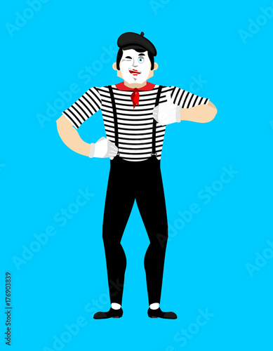 Mime winks and thumb up. Happy pantomime. Merry mimic. Vector illustration