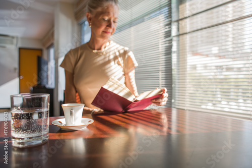 Portrait of an attractive mature woman with gray hair sitting at a table in her home reading a book