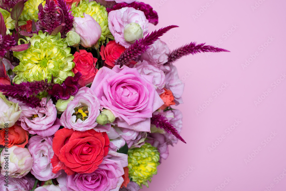 beautiful floral arrangement, pink and red rose, pink eustoma, yellow chrysanthemum