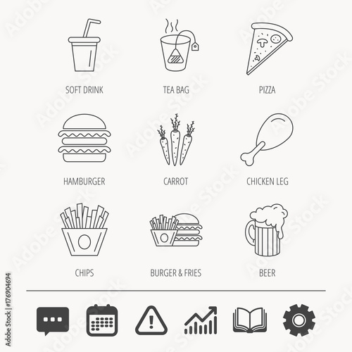 Hamburger, pizza and soft drink icons. Beer.