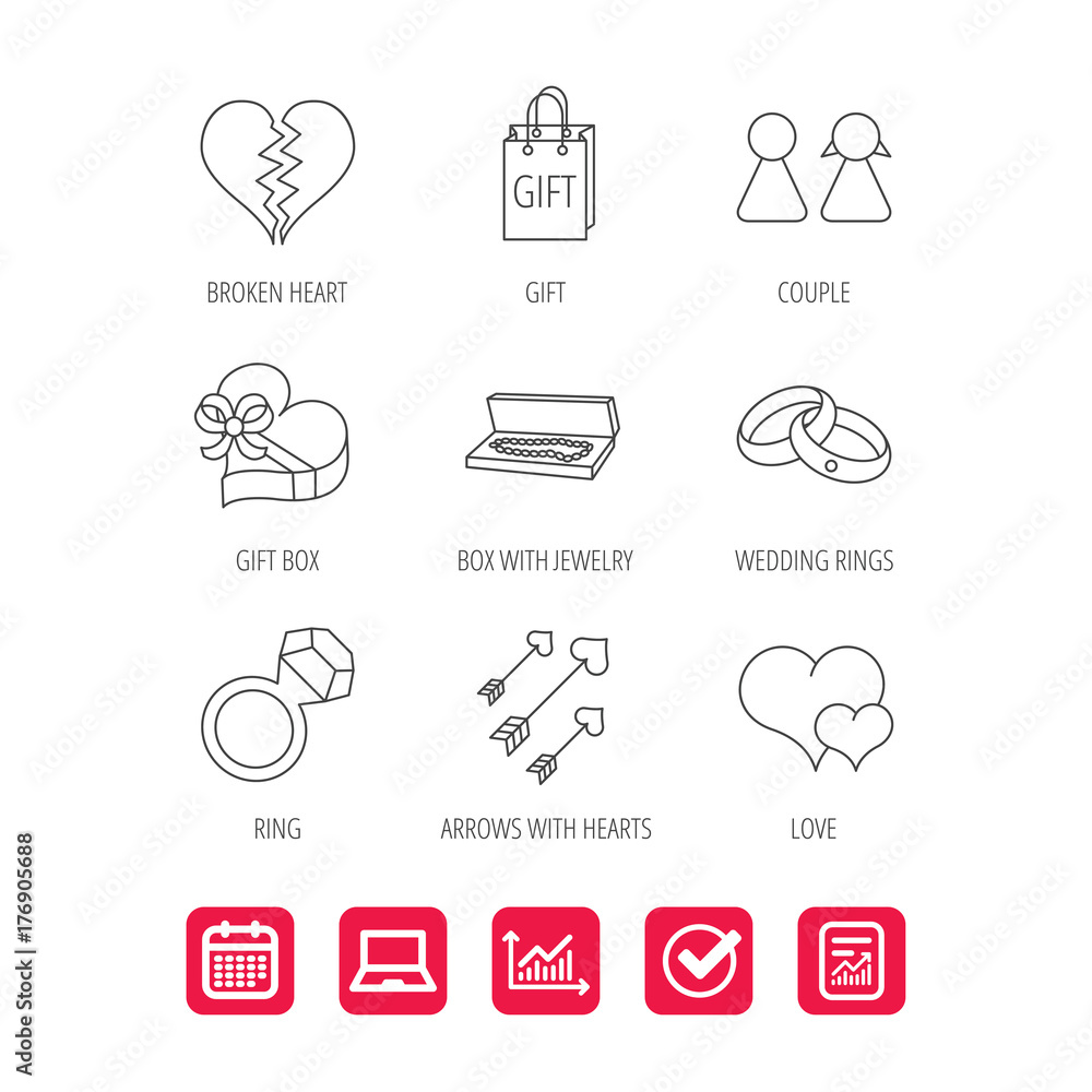 Love heart, gift box and wedding rings icons.