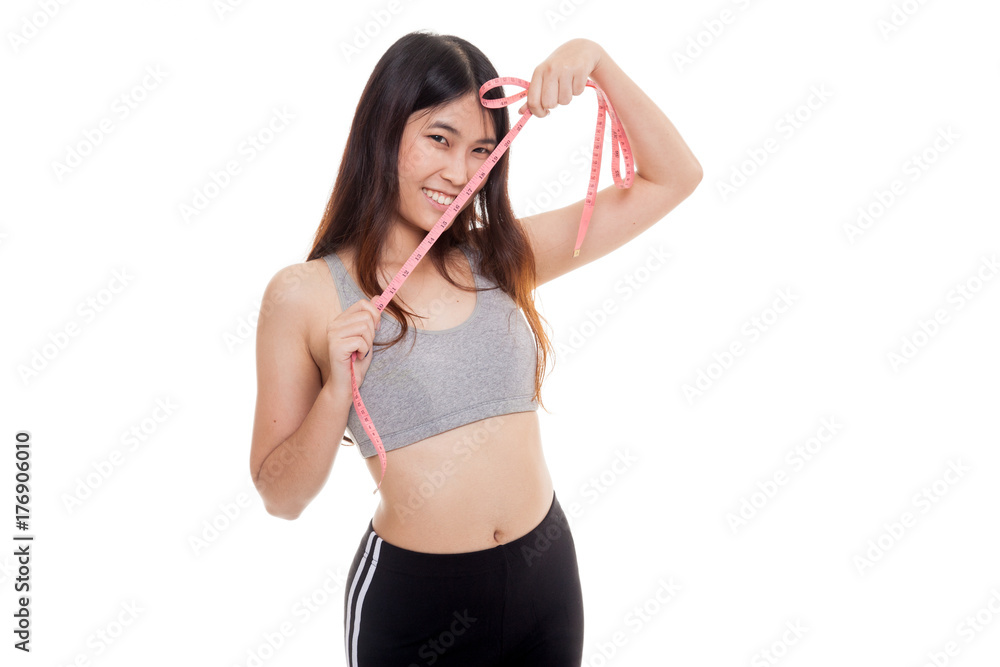 Beautiful Asian healthy girl with measuring tape. Beautiful Asian healthy girl with measuring tape.