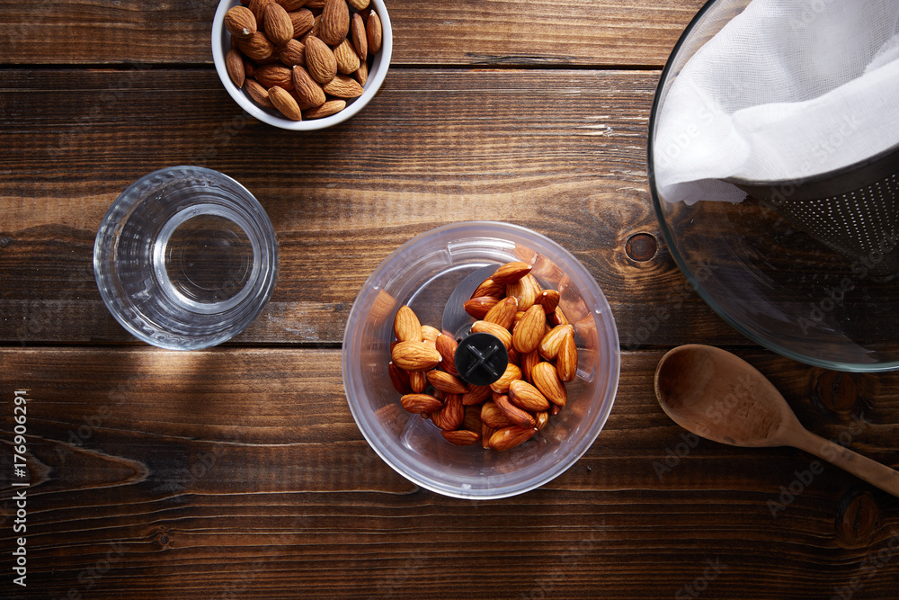 Preparing homemade almond milk Preparing homemade almond milk