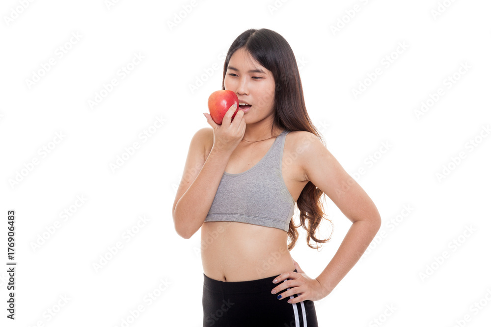 Beautiful Asian healthy girl eat apple. Beautiful Asian healthy girl eat apple.