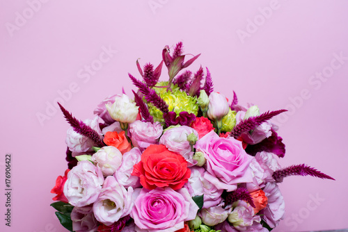 beautiful floral arrangement  pink and red rose  pink eustoma  yellow chrysanthemum