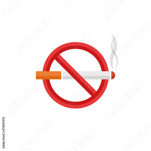 Cigarette crossed in the red circle flat warning vector sign on white background