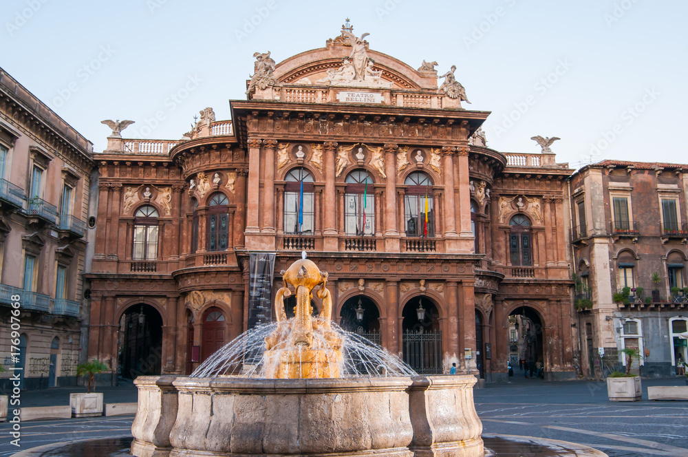 Landmarks of Catania: night view of the fountain of Dolphins in Piazza teatro Massimo, and a view of the Bellini theater