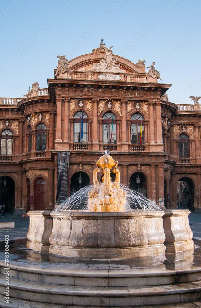 Landmarks of Catania: night view of the fountain of Dolphins in Piazza teatro Massimo, and a view of the Bellini theater