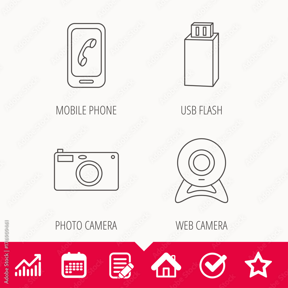 Photo camera, mobile phone and Usb flash icons. Photo camera, mobile phone and Usb flash icons.