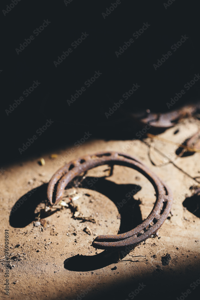Rusty old horseshoe in bright light with strong shadow Rusty old horseshoe in bright light with strong shadow