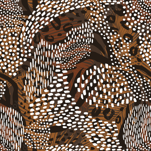 Abstract geometric seamless pattern with animal print. Trendy hand drawn textures.