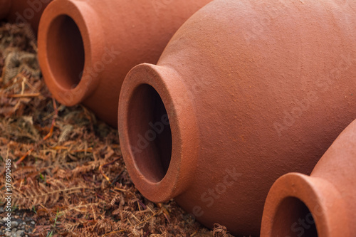 Georgian traditional jugs kvevri for wine, outdoor photo