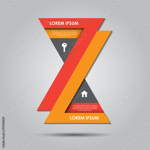 Hourglass style infograph design with key and house icon for building and property presentations. Vector Illustration of a modern style 2 step infographic chart in red and orange warm colors.