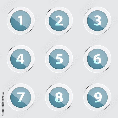Collection of shiny and glossy buttons with numbers and silver rings. Illustration of number icons on modern design isolated on gray background.