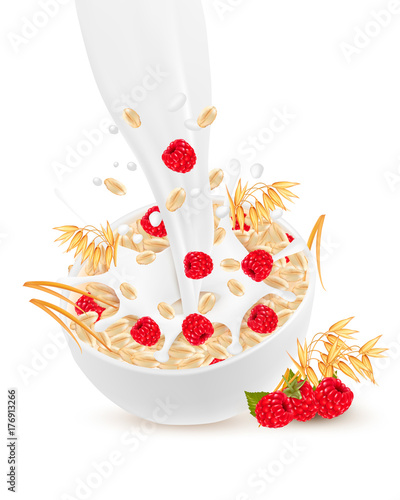 Milk flowing into a bowl with grain and raspberry. Vector.