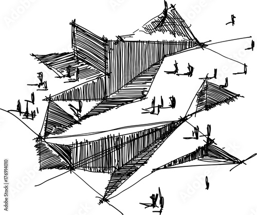 hand drawn architectural sketch of a modern abstract architecture