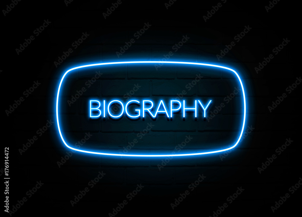 Biography  - colorful Neon Sign on brickwall