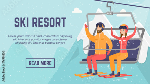 Ski resort web page template. Smiley Caucasian white man and woman skiers sitting on ski lift with raised hands. Winter leisure sport activity concept. Vector flat design illustration with copyspace.