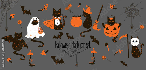 Halloween black cats. Trick or treat objects
