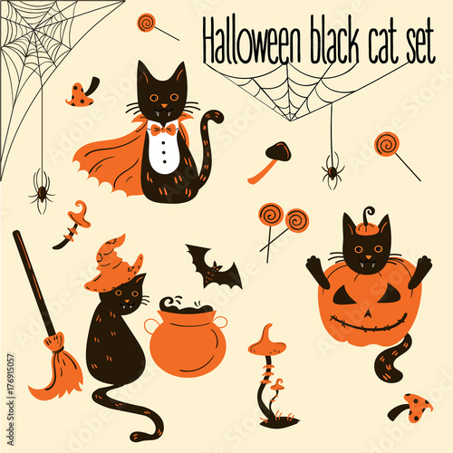 Halloween black cats. Trick or treat objects