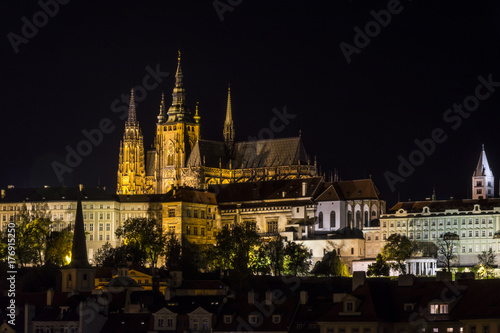 Prague castle complex with st Vitus cathedral at night. Traditional view on the Prague castle illuminated by lights.Prague. Hradcany. Czech Republic