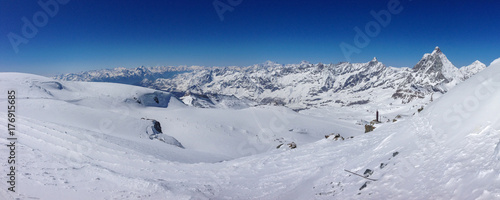 Amazing panoramic view of Matterhorn and Mont Blanc seen from Glacier Paradise station (Kleines Matterhorn)