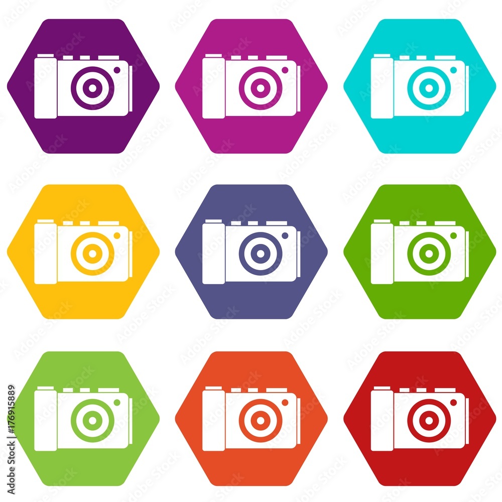 Photo camera icon set color hexahedron Photo camera icon set color hexahedron