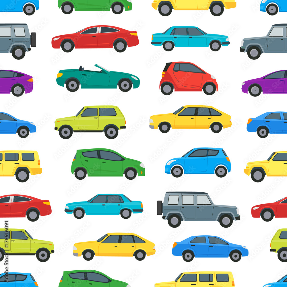 Cartoon Cars Background Pattern on a White. Vector