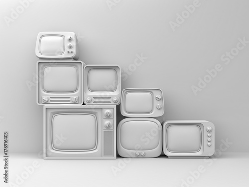 Pile of retro TV - white toned. 3d illustration