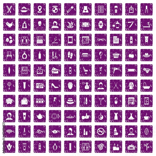 100 beauty salon icons set grunge purple