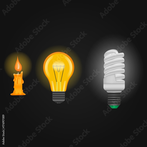Candle, incandescent lamp, energy saving lamp . Lighting vector illustration