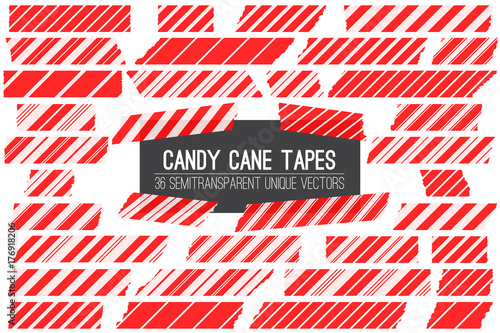 Red Candy Cane Washi Tape Stripes Isolated on White. Different Size Striped Masking Tape Pieces with Torn Edges. 36 Unique Semitransparent Vectors. Web or Print Layout Element or Photo Sticker.