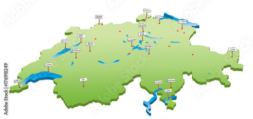 swiss map with lakes and main cities