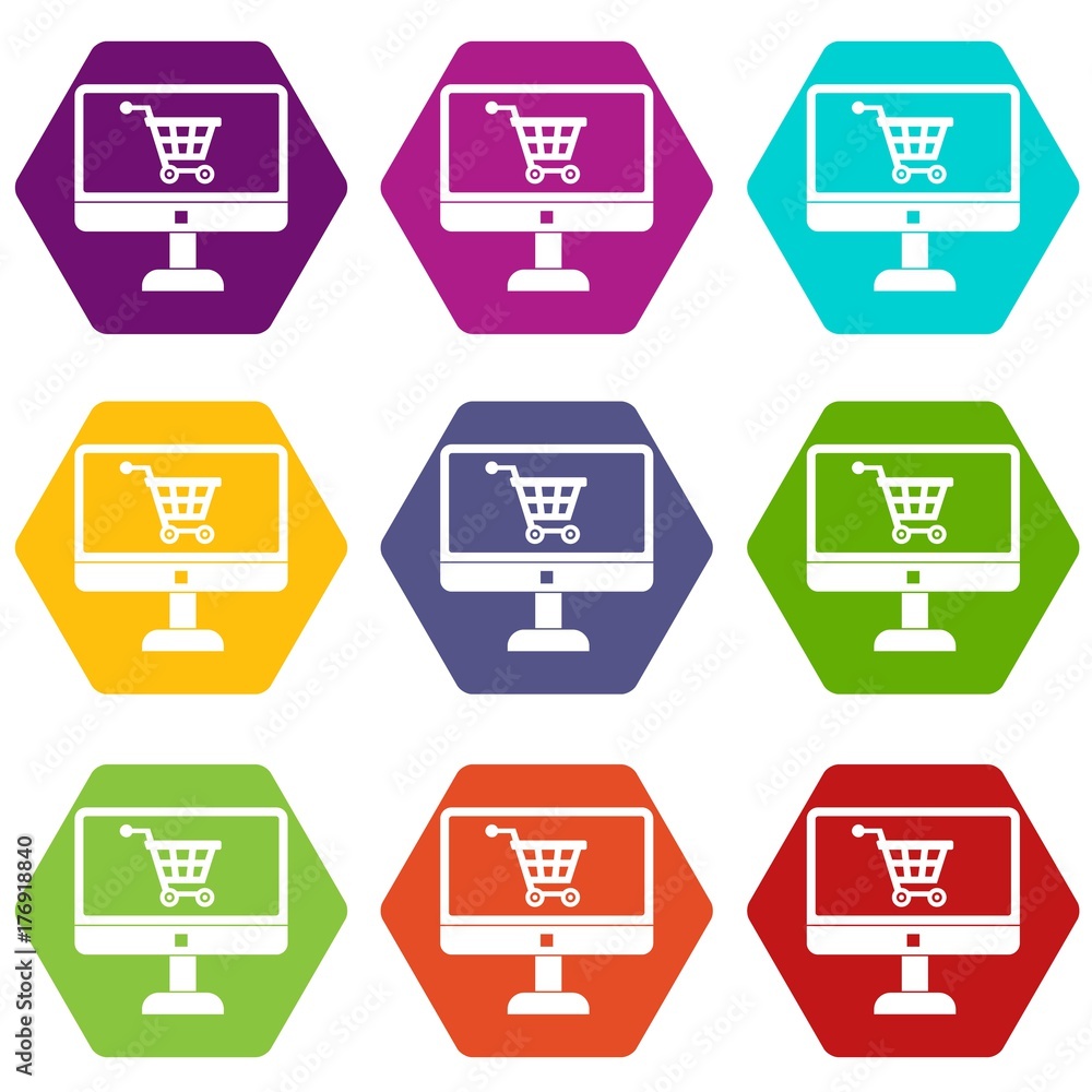 Purchase at online store through computer icon set color hexahedron Purchase at online store through computer icon set color hexahedron