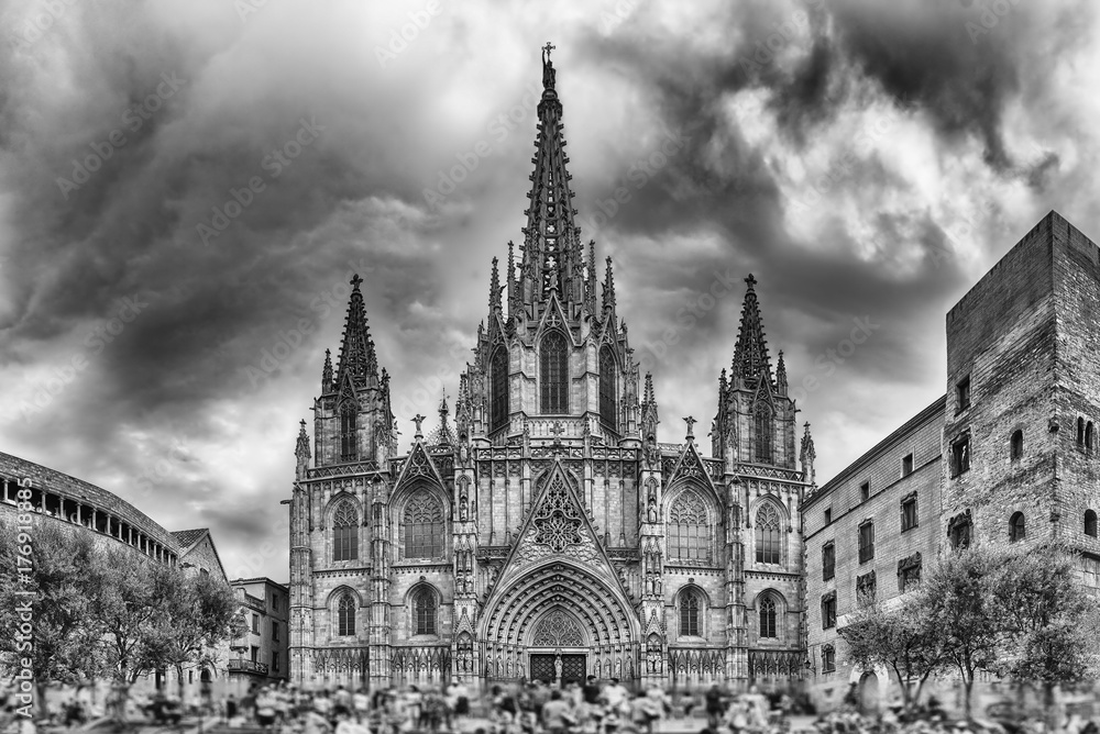 Panoramic view with facade of the Barcelona Cathedral, Catalonia, Spain