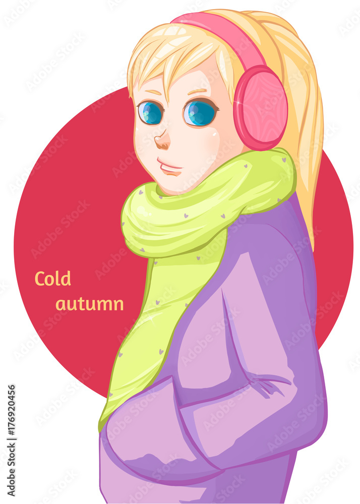 Cold autumn. Fall, leaf fall. Blond girl in pink headphones. Cold autumn. Fall, leaf fall. Blond girl in pink headphones.