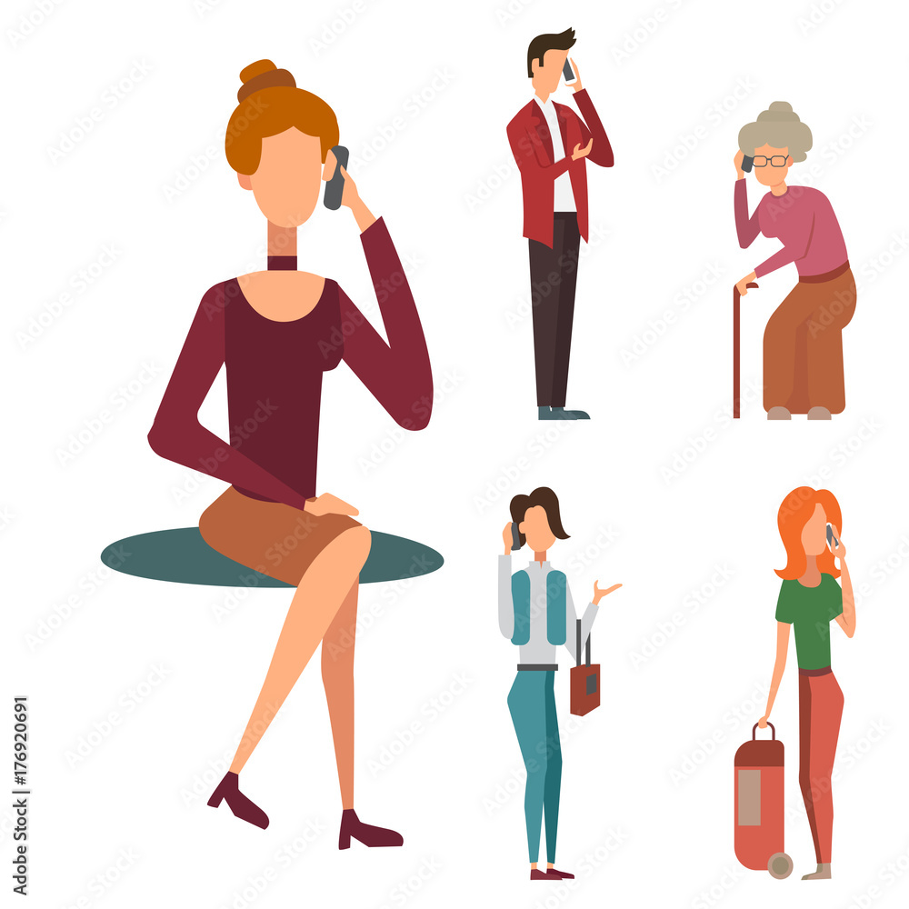 Trendy flat people with phone gadgets group characters using hi tech technology vector illustration. Trendy flat people with phone gadgets group characters using hi tech technology vector illustration.
