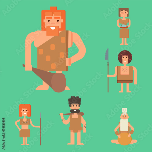Caveman primitive stone age cartoon neanderthal people character evolution vector illustration.