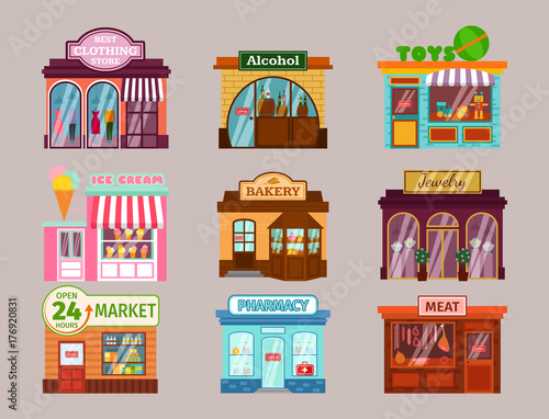 Vector flat design restaurant shops facade storefront market building architecture showcase window illustration.
